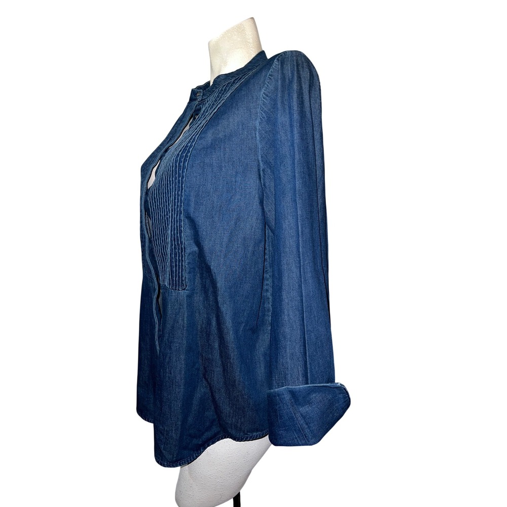 Banana Republic Top Size XL Dark Wash Denim Pleated Tuxedo Bib Shirt Band Collar - Picture 5 of 8